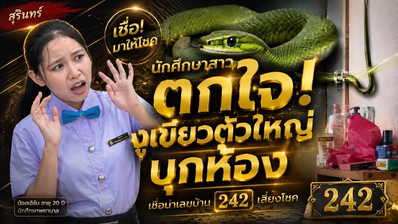 สุรินทร์-นักศึกษาสาวหัวใจแทบวาย งูเขียวบุกห้อง เชื่อมาให้โชค เลขที่บ้านต้องเข้า